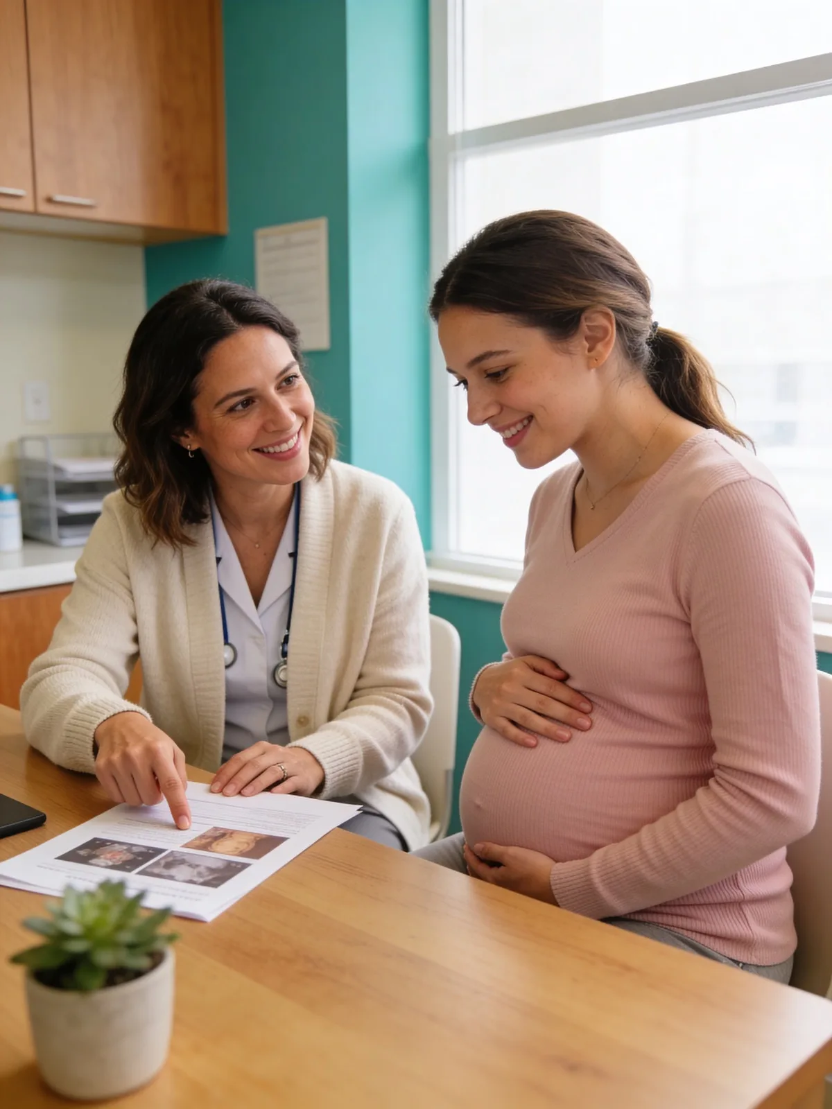 A clinician sitting beside an expectant mother, reviewing ultrasound prints together at a sunlit desk